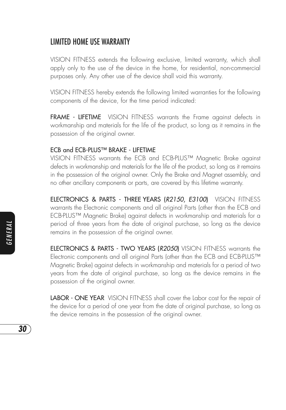 Limited home use warranty | Vision Fitness Fitness Bike User Manual | Page 34 / 48