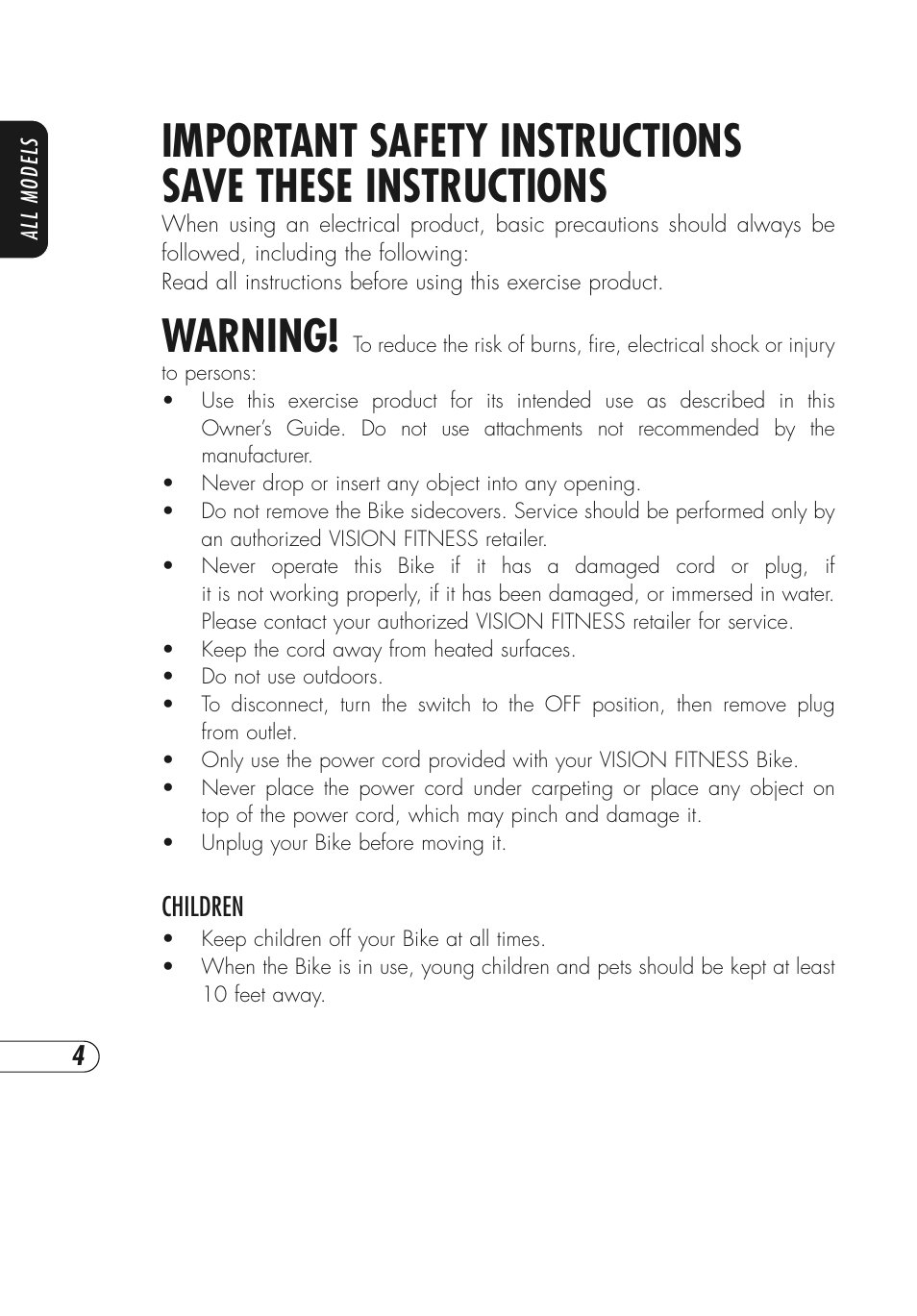 Warning | Vision Fitness Fitness Bike User Manual | Page 8 / 48