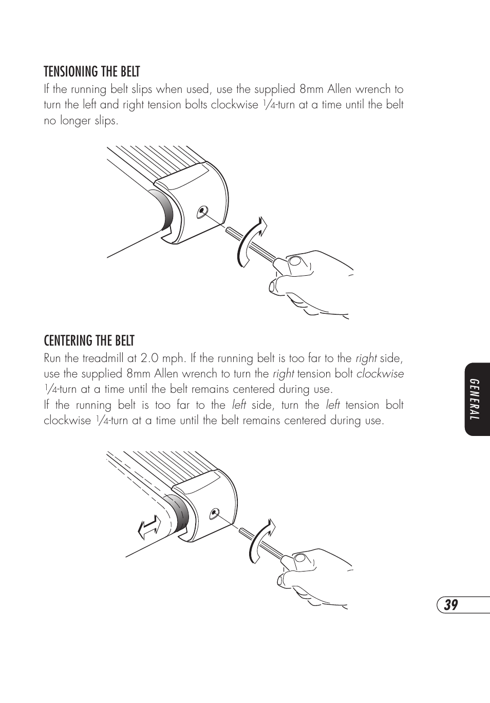 Tensioning the belt, Centering the belt | Vision Fitness TM357 User Manual | Page 43 / 60