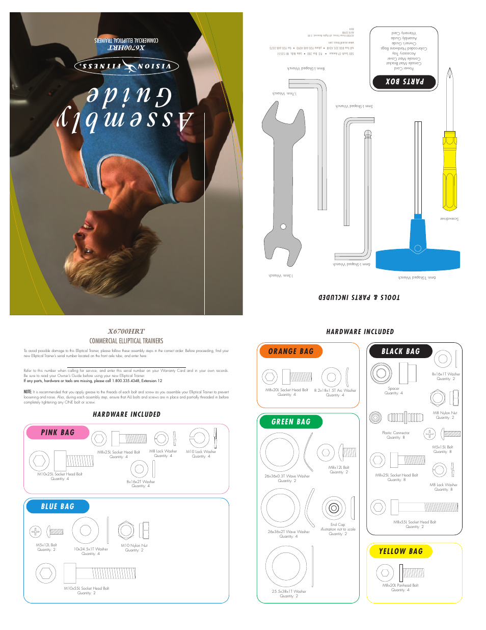 As se mb ly gu id e, Pink bag black bag, Green bag | Yellow bag, Blue bag, Pa rts box, Orange bag | Vision Fitness X6700HRT User Manual | Page 2 / 3