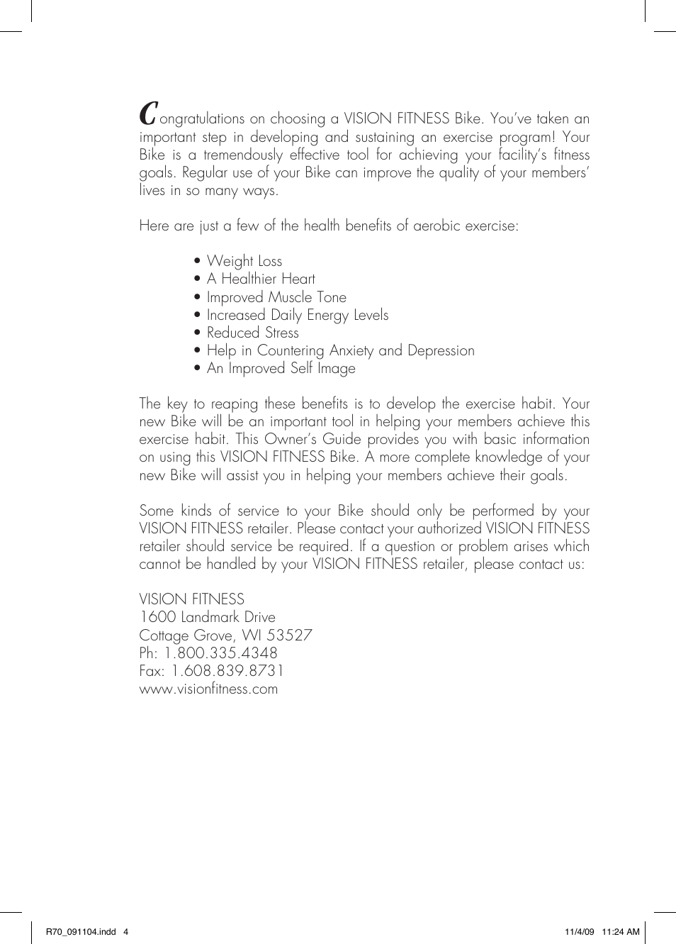 Vision Fitness R70 User Manual | Page 4 / 48
