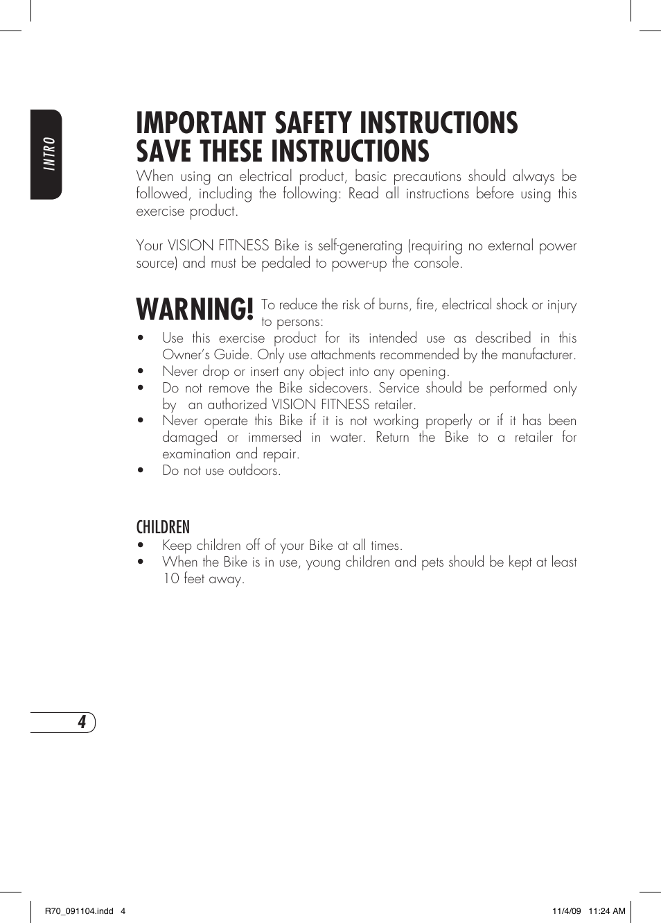 Warning, Children | Vision Fitness R70 User Manual | Page 8 / 48