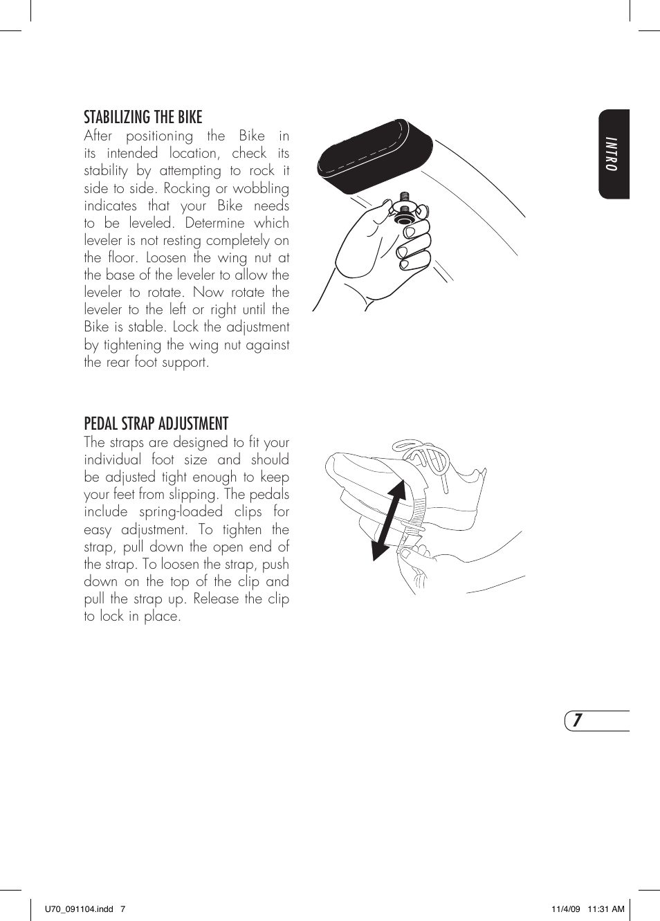 Stabilizing the bike, Pedal strap adjustment | Vision Fitness U70 User Manual | Page 11 / 44