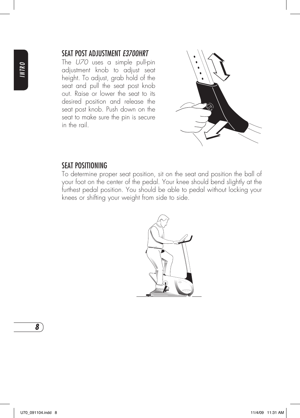 Seat positioning, Seat post adjustment e3700hrt | Vision Fitness U70 User Manual | Page 12 / 44