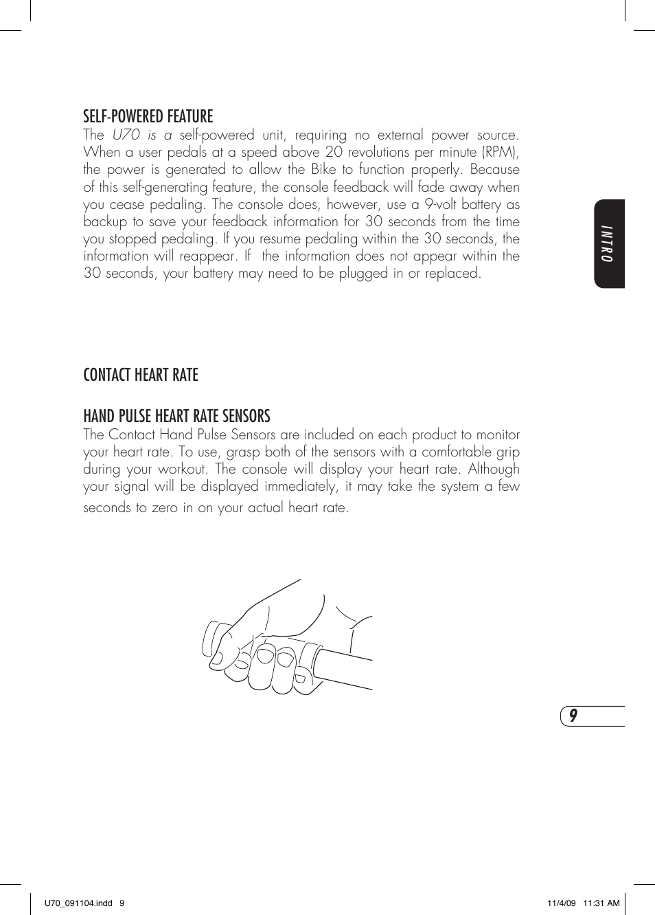 Self-powered feature, Contact heart rate hand pulse heart rate sensors | Vision Fitness U70 User Manual | Page 13 / 44