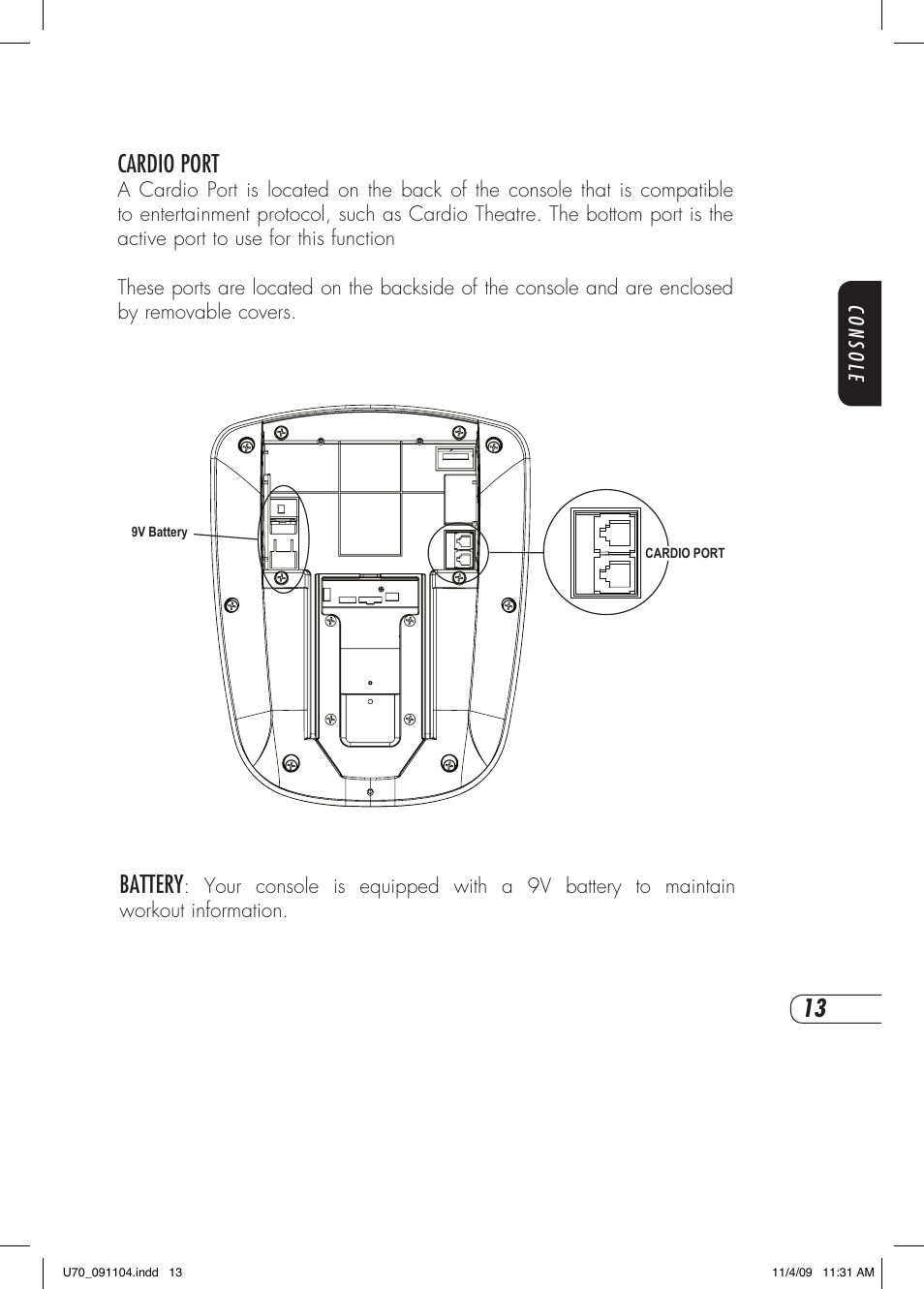 Cardio port, Battery | Vision Fitness U70 User Manual | Page 17 / 44
