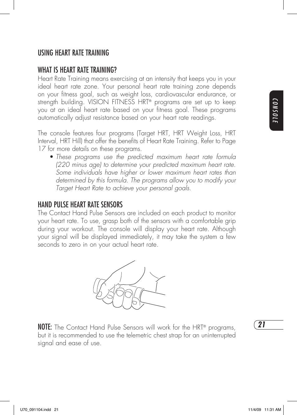 Hand pulse heart rate sensors | Vision Fitness U70 User Manual | Page 25 / 44