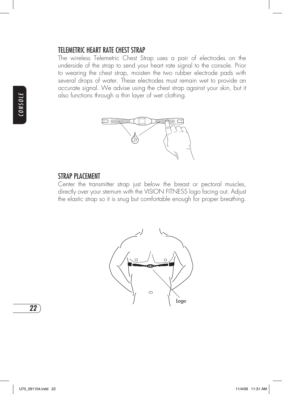 Telemetric heart rate chest strap, Strap placement | Vision Fitness U70 User Manual | Page 26 / 44