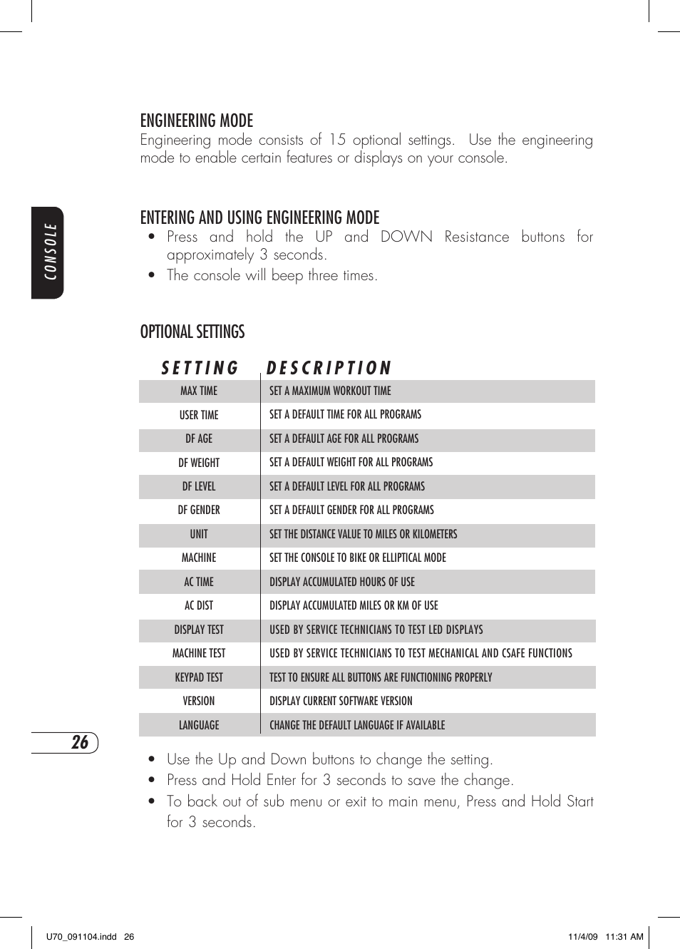 Engineering mode, Entering and using engineering mode, Optional settings | Vision Fitness U70 User Manual | Page 30 / 44