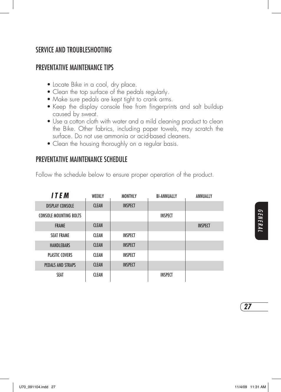 Preventative maintenance schedule, I t e m | Vision Fitness U70 User Manual | Page 31 / 44