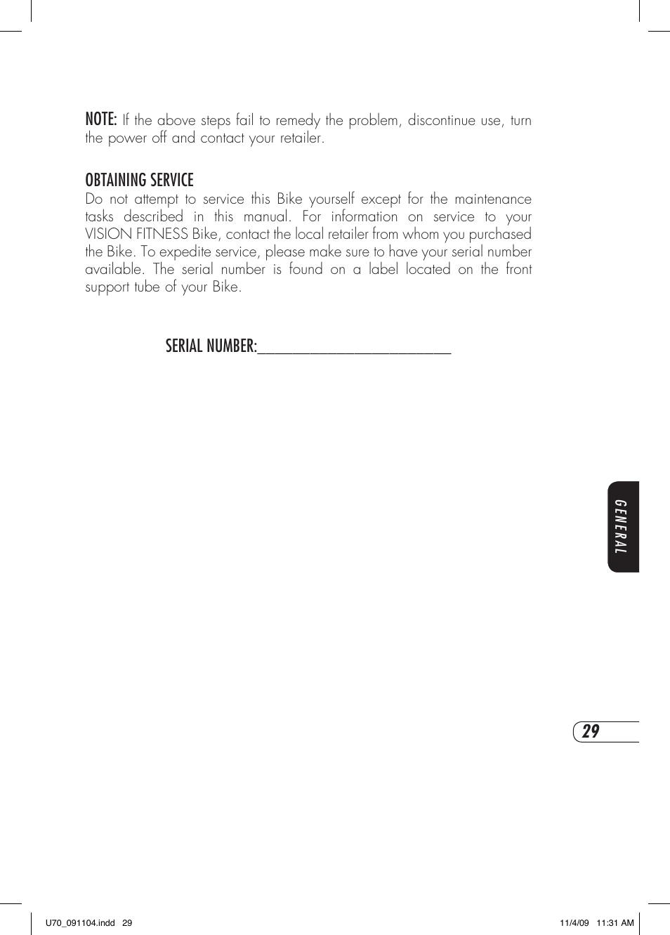 Obtaining service, Serial number | Vision Fitness U70 User Manual | Page 33 / 44