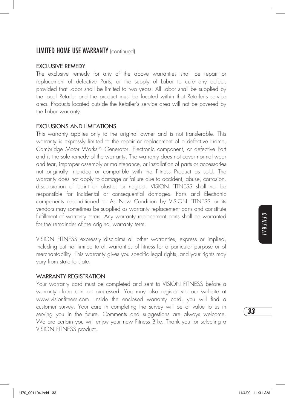 Limited home use warranty | Vision Fitness U70 User Manual | Page 37 / 44
