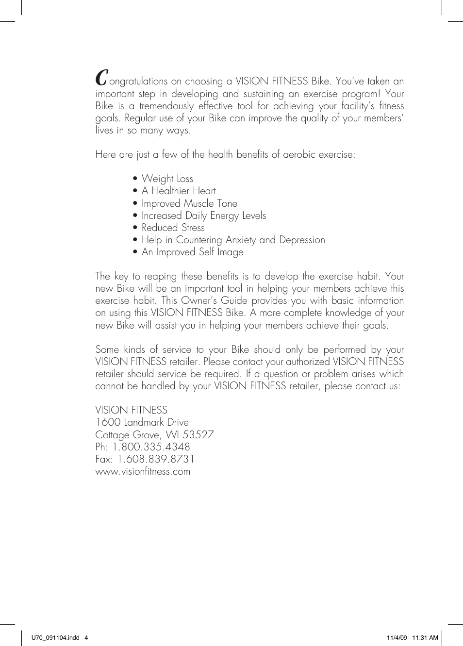 Vision Fitness U70 User Manual | Page 4 / 44