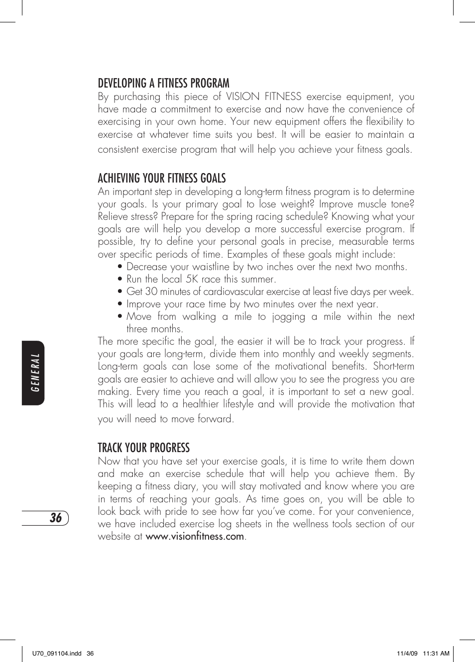Developing a fitness program, Achieving your fitness goals, Track your progress | Vision Fitness U70 User Manual | Page 40 / 44