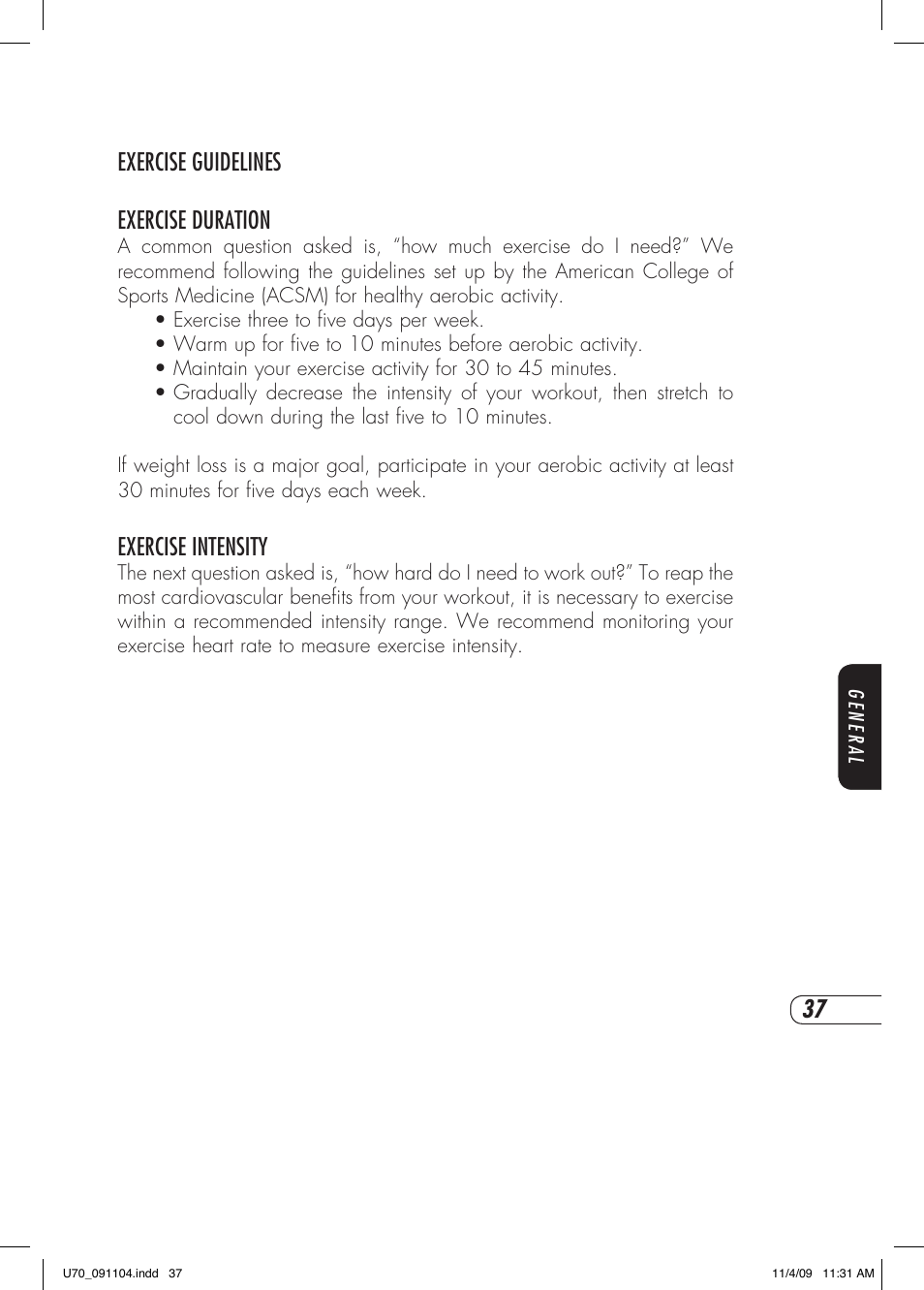 Exercise guidelines exercise duration, Exercise intensity | Vision Fitness U70 User Manual | Page 41 / 44