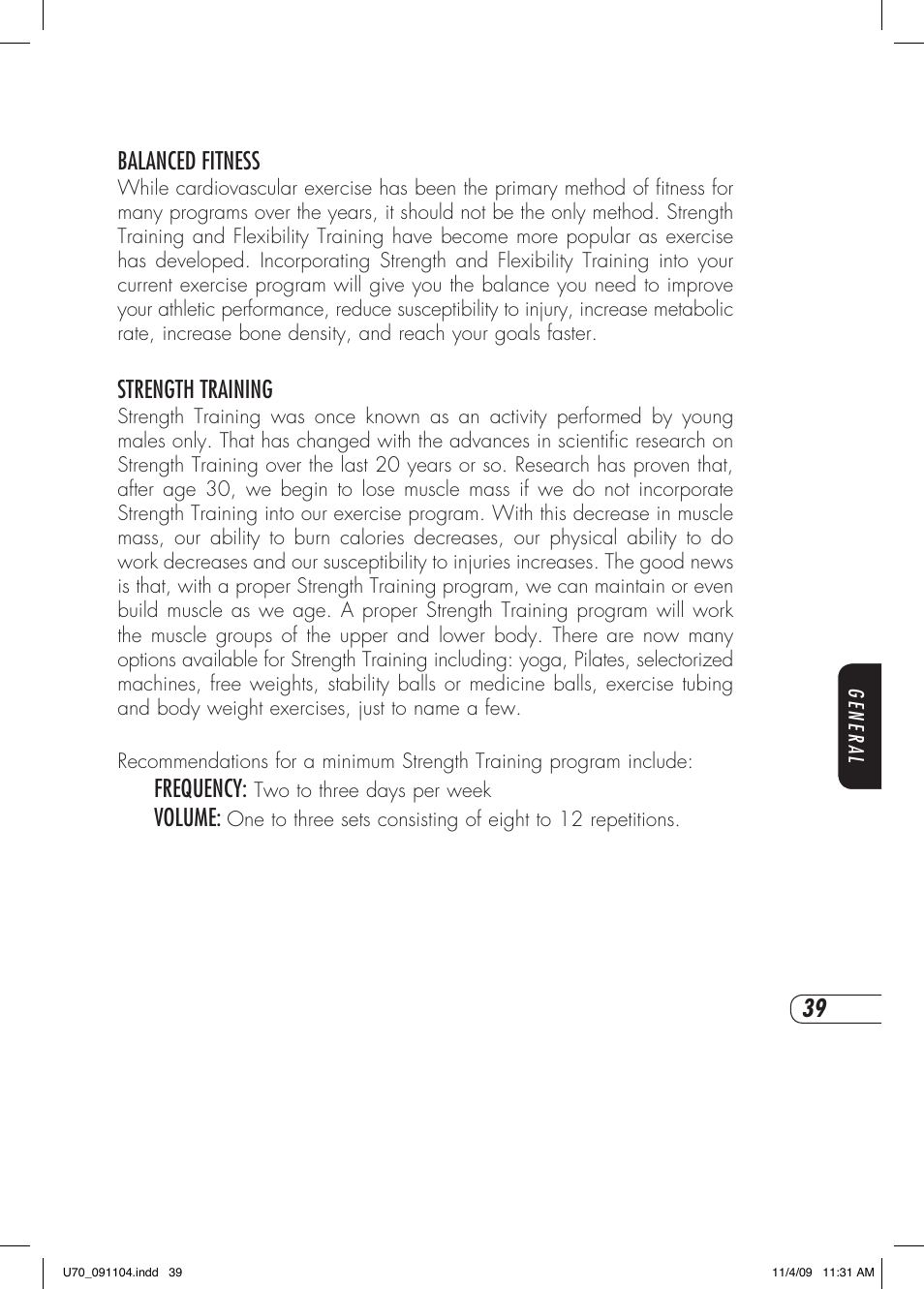 Balanced fitness, Strength training, Frequency | Volume | Vision Fitness U70 User Manual | Page 43 / 44