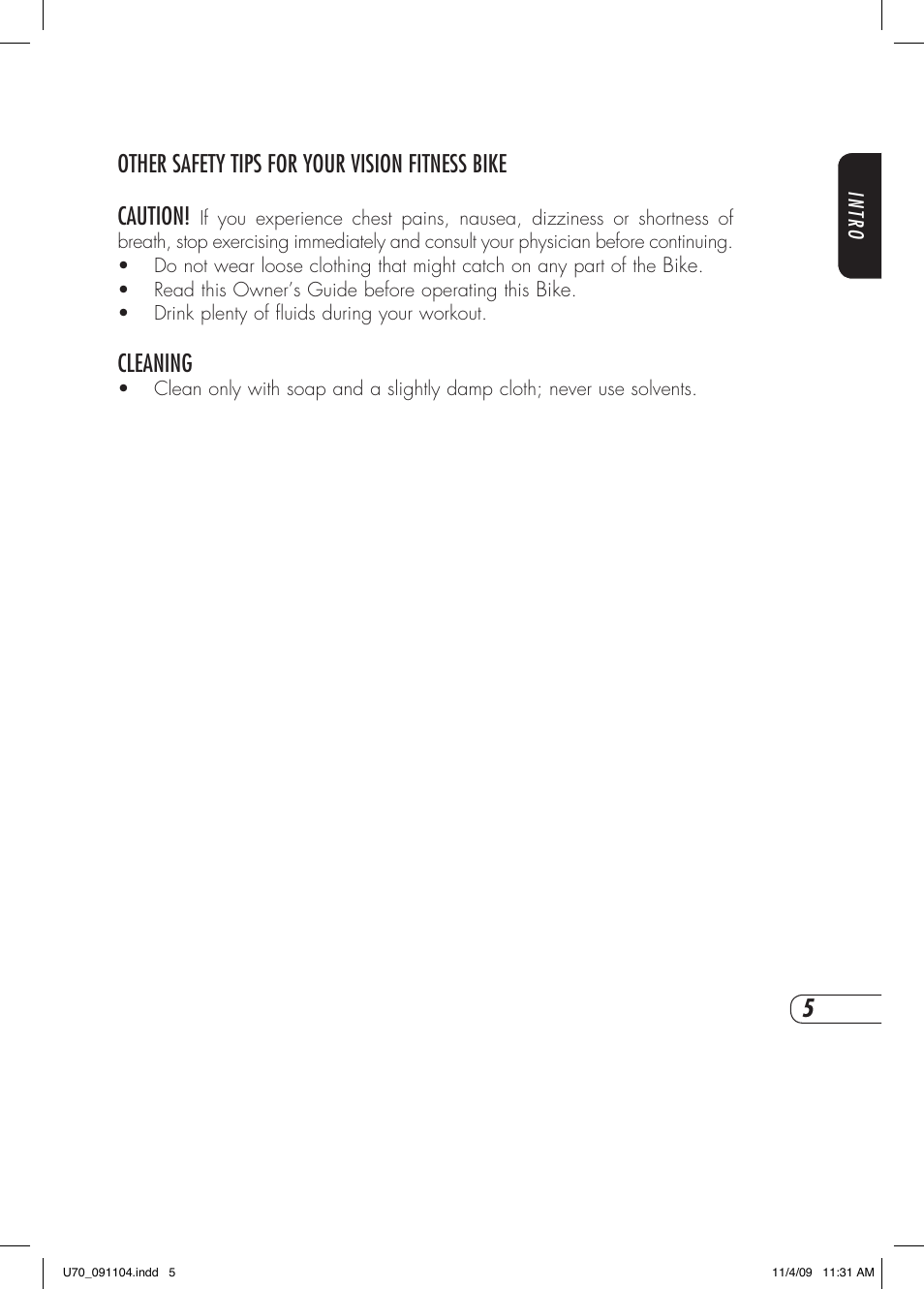 Cleaning | Vision Fitness U70 User Manual | Page 9 / 44