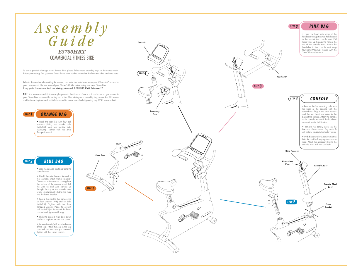 E3700hrt commercial fitness bike, Blue bag, Pink bag | Orange bag, Console | Vision Fitness E3700HRT User Manual | Page 3 / 3