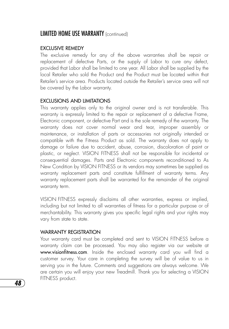 48 limited home use warranty | Vision Fitness T9450HRT User Manual | Page 52 / 68