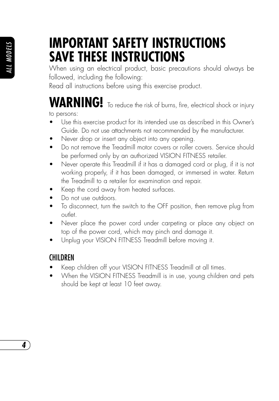 Warning | Vision Fitness T9450HRT User Manual | Page 8 / 68