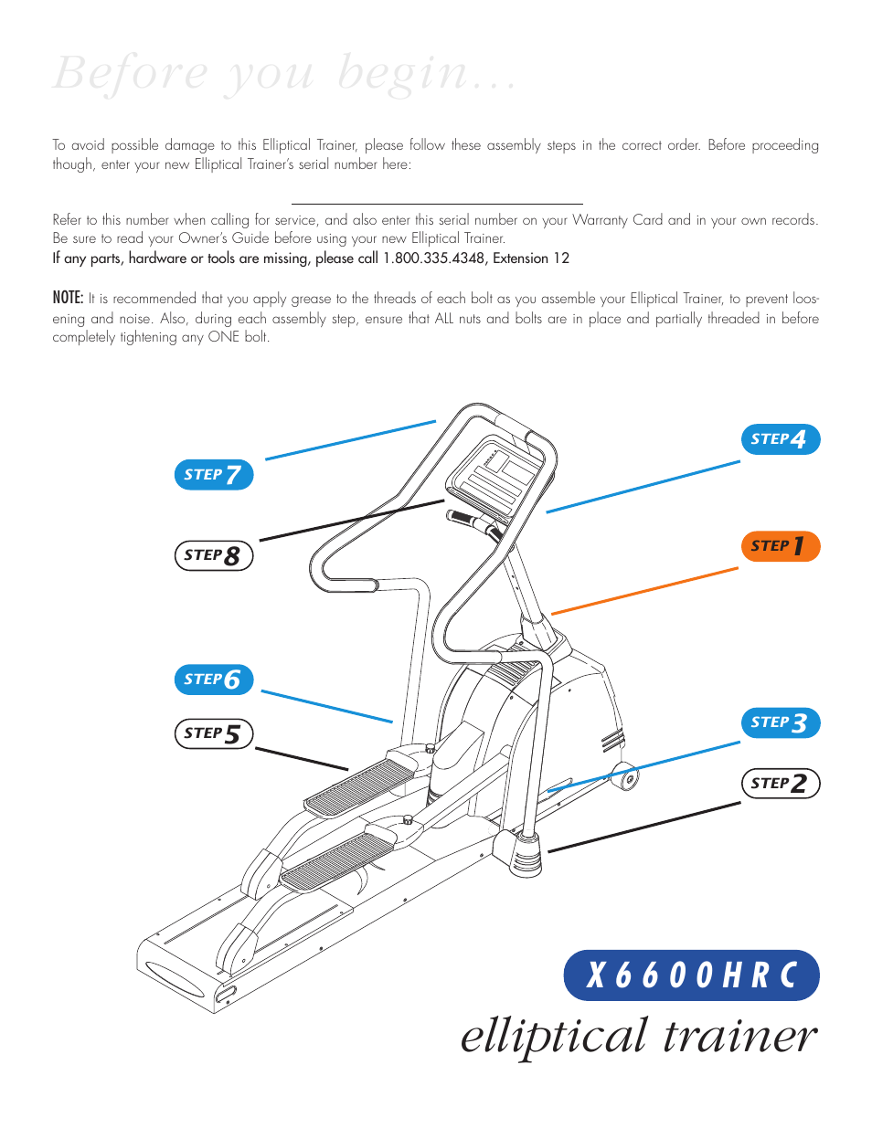 Before you begin… elliptical trainer, X 6 6 0 0 h r c | Vision Fitness X6600HR User Manual | Page 2 / 6