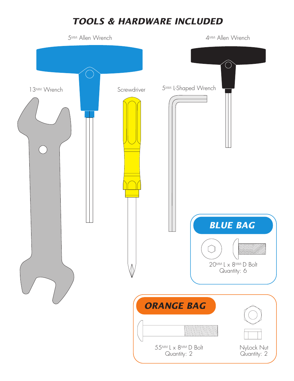 Tools & hardware included, Orange bag, Blue bag | Vision Fitness X6600HR User Manual | Page 3 / 6