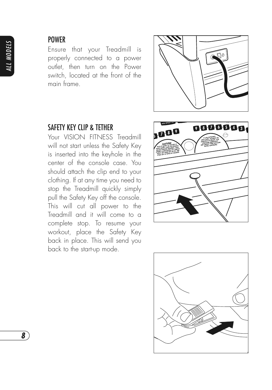 Power, Safety key clip & tether, All models | Vision Fitness Simple and Deluxe User Manual | Page 12 / 68