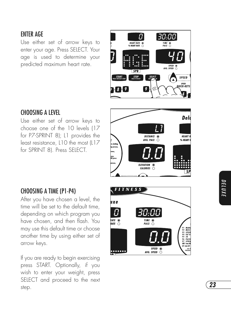 Choosing a level, Choosing a time (p1-p4), Enter age | Deluxe, Delu | Vision Fitness Simple and Deluxe User Manual | Page 27 / 68