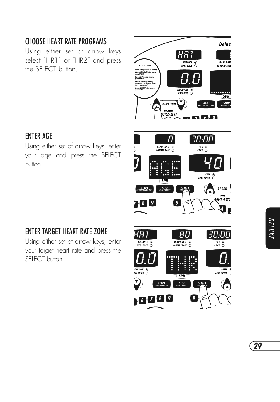 H a 1 0, Choose heart rate programs, Enter age | Enter target heart rate zone, Deluxe | Vision Fitness Simple and Deluxe User Manual | Page 33 / 68