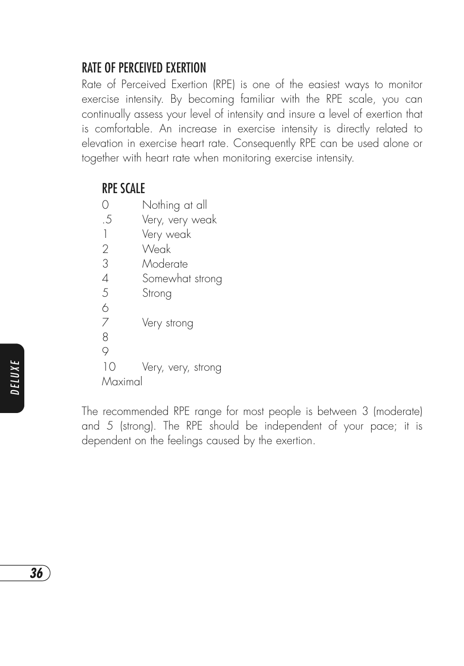 Rate of perceived exertion, Rpe scale | Vision Fitness Simple and Deluxe User Manual | Page 40 / 68