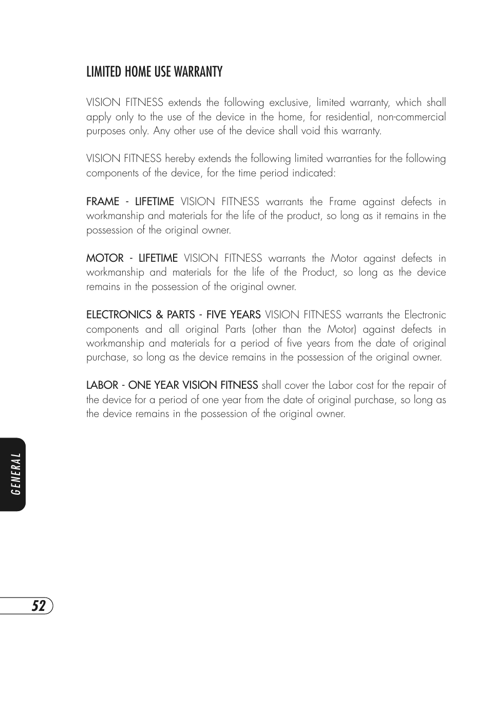 Limited home use warranty | Vision Fitness Simple and Deluxe User Manual | Page 56 / 68