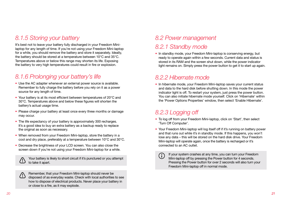 5 storing your battery, 6 prolonging your battery’s life, 2 power management 8.2.1 standby mode | 2 hibernate mode, 3 logging off | Virgin Mobile FREEDOM MINI-LAPTOP VMFNM0609 User Manual | Page 11 / 18