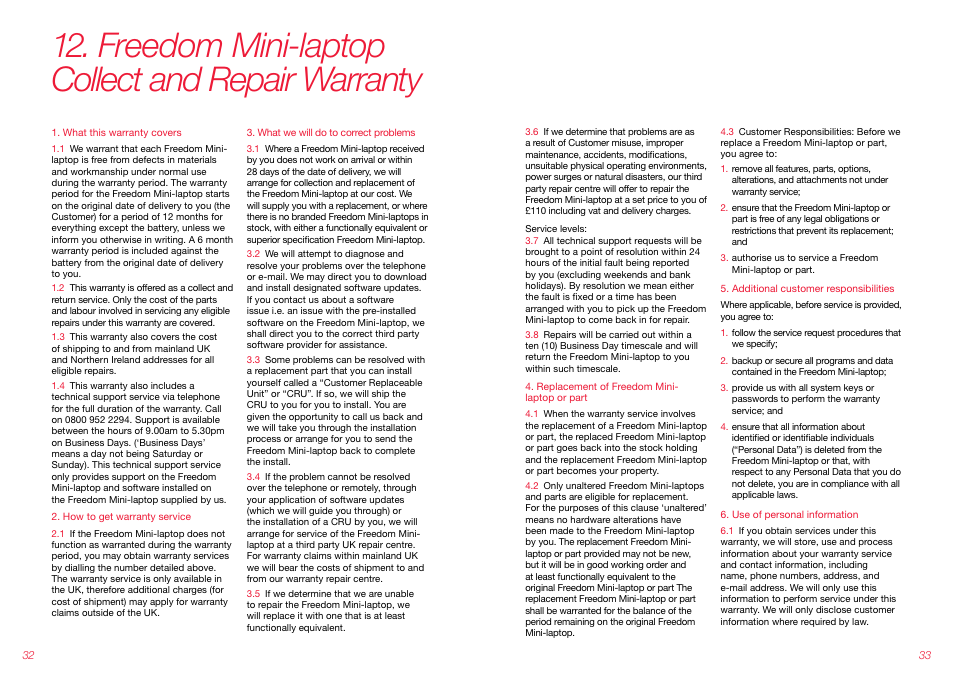 Freedom mini-laptop collect and repair warranty | Virgin Mobile FREEDOM MINI-LAPTOP VMFNM0609 User Manual | Page 17 / 18