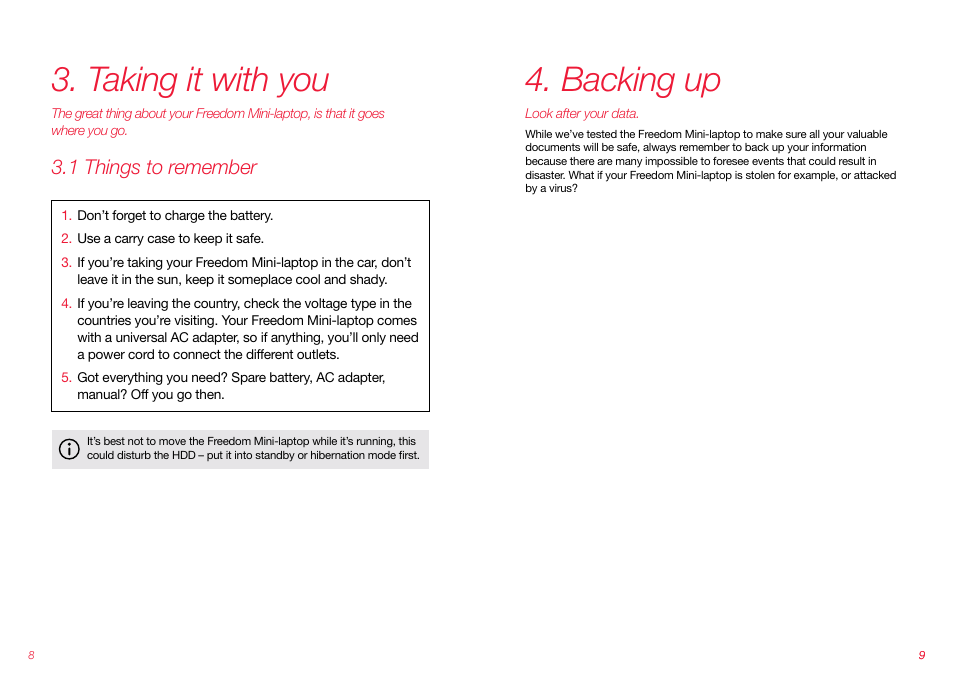Taking it with you, Backing up, 1 things to remember | Virgin Mobile FREEDOM MINI-LAPTOP VMFNM0609 User Manual | Page 5 / 18