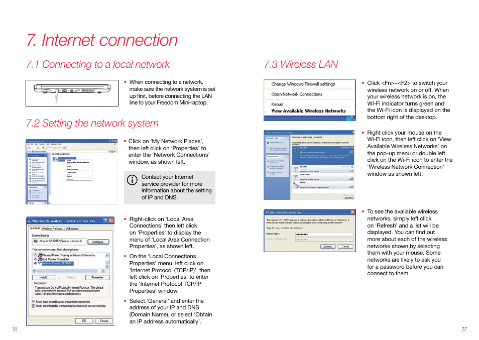 Internet connection, 1 connecting to a local network, 2 setting the network system | 3 wireless lan | Virgin Mobile FREEDOM MINI-LAPTOP VMFNM0609 User Manual | Page 9 / 18