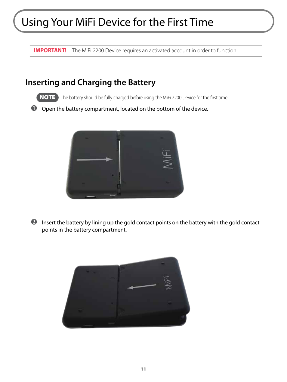 Using your mifi device for the first time, Inserting and charging the battery | Virgin Mobile MIFI 2200 User Manual | Page 12 / 78
