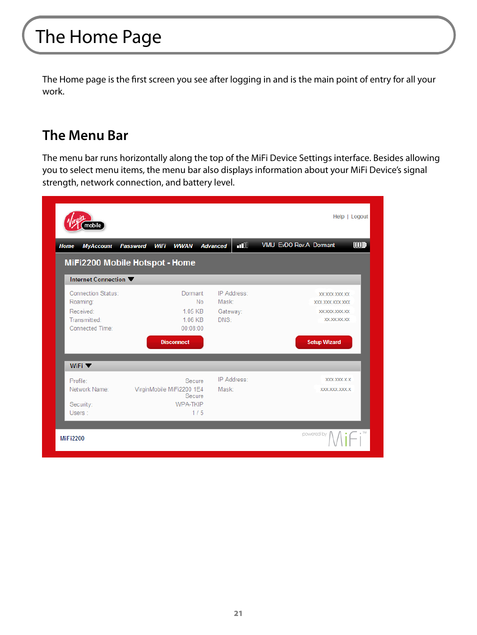 The menu bar, The home page | Virgin Mobile MIFI 2200 User Manual | Page 22 / 78