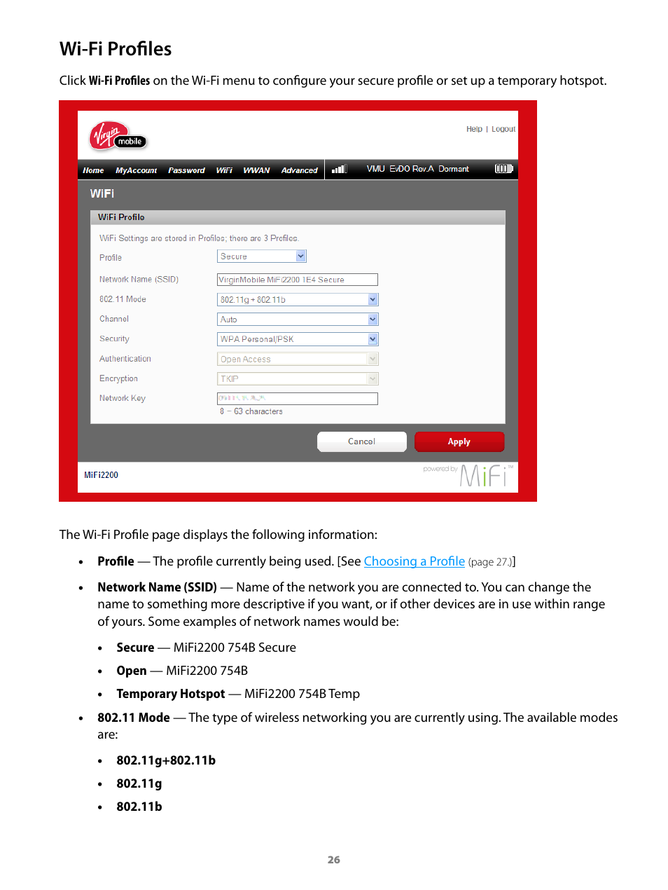 Wi-fi profiles | Virgin Mobile MIFI 2200 User Manual | Page 27 / 78