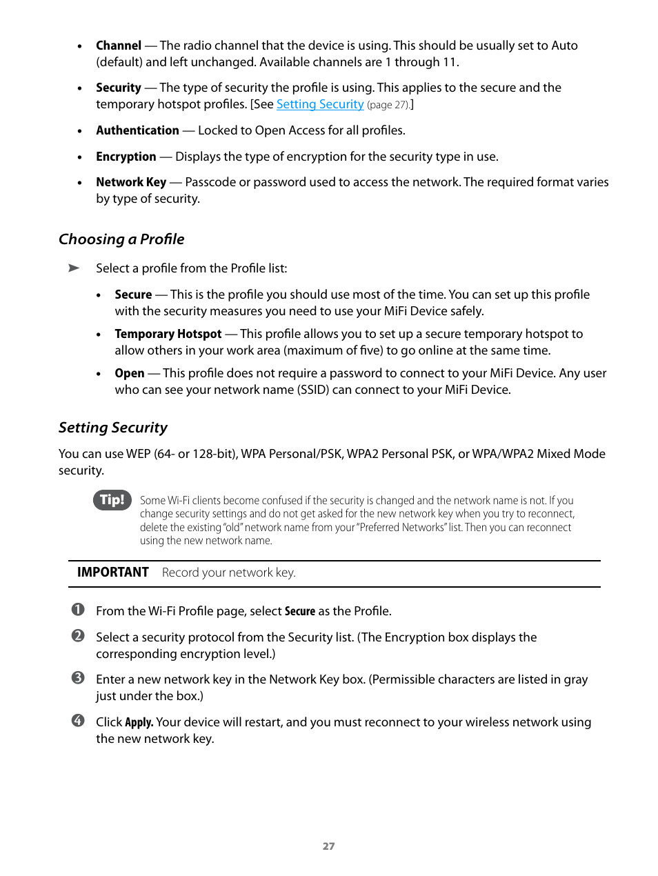 Choosing a profile setting security | Virgin Mobile MIFI 2200 User Manual | Page 28 / 78