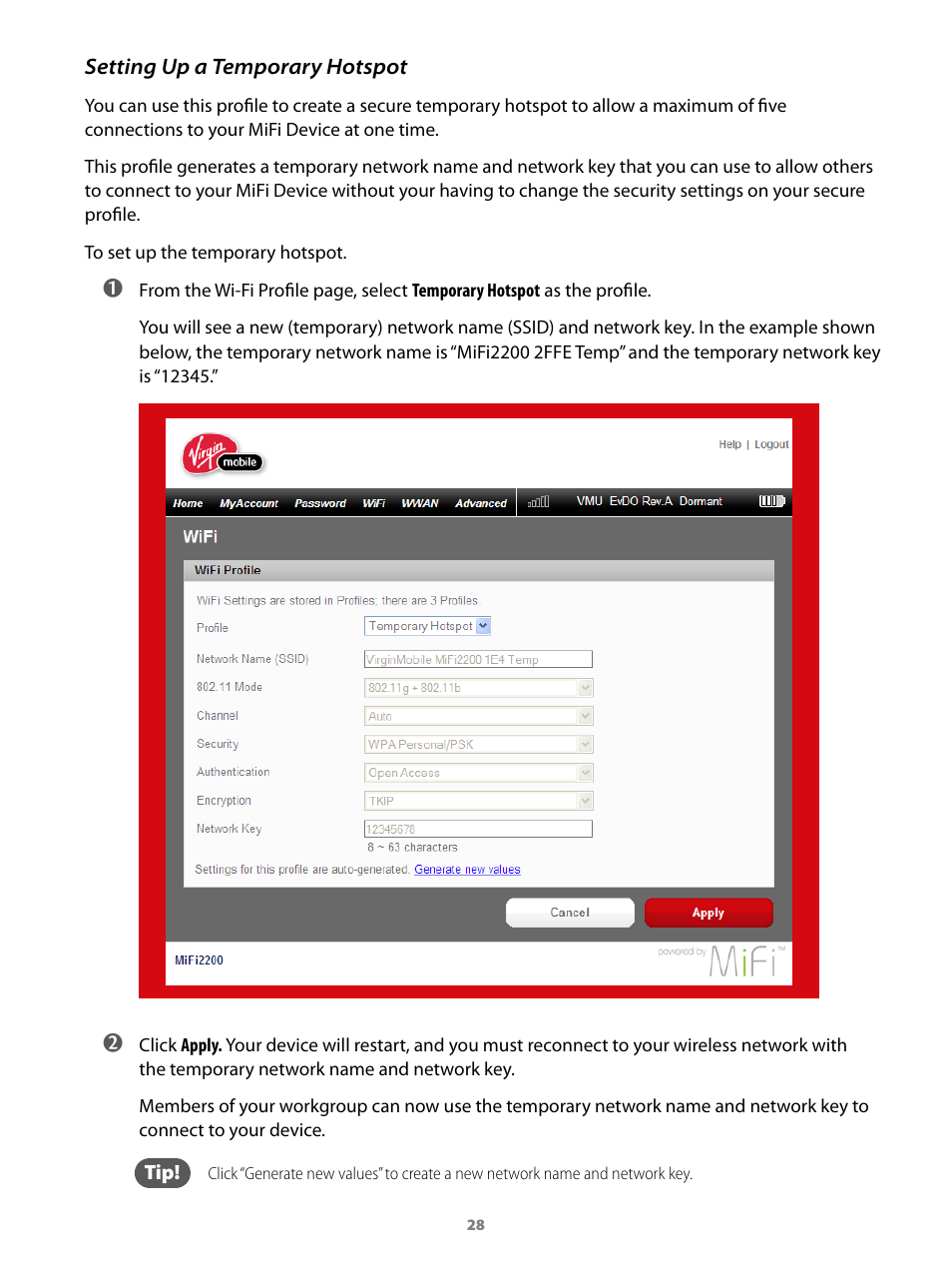 Setting up a temporary hotspot | Virgin Mobile MIFI 2200 User Manual | Page 29 / 78