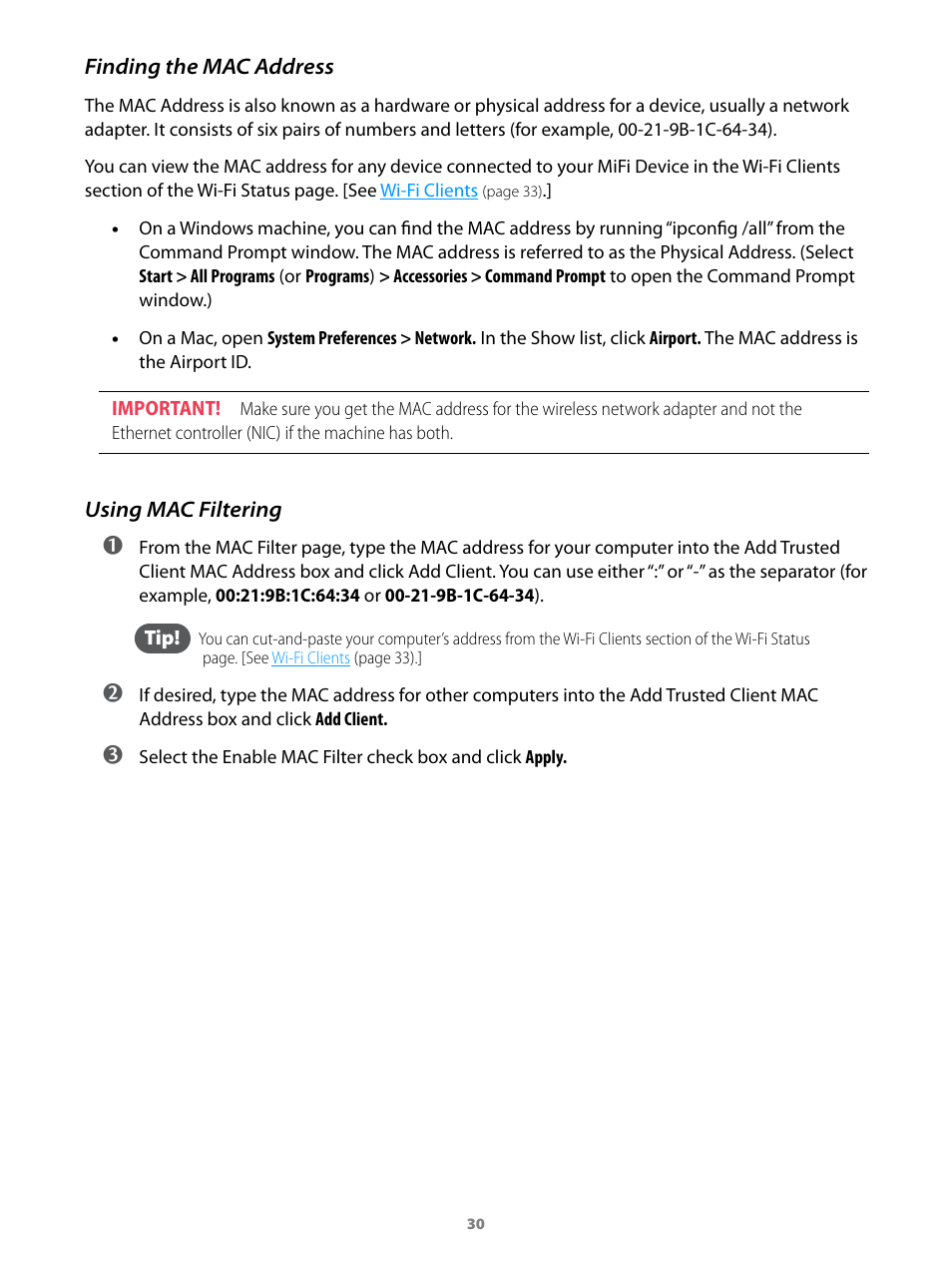 Finding the mac address using mac filtering | Virgin Mobile MIFI 2200 User Manual | Page 31 / 78
