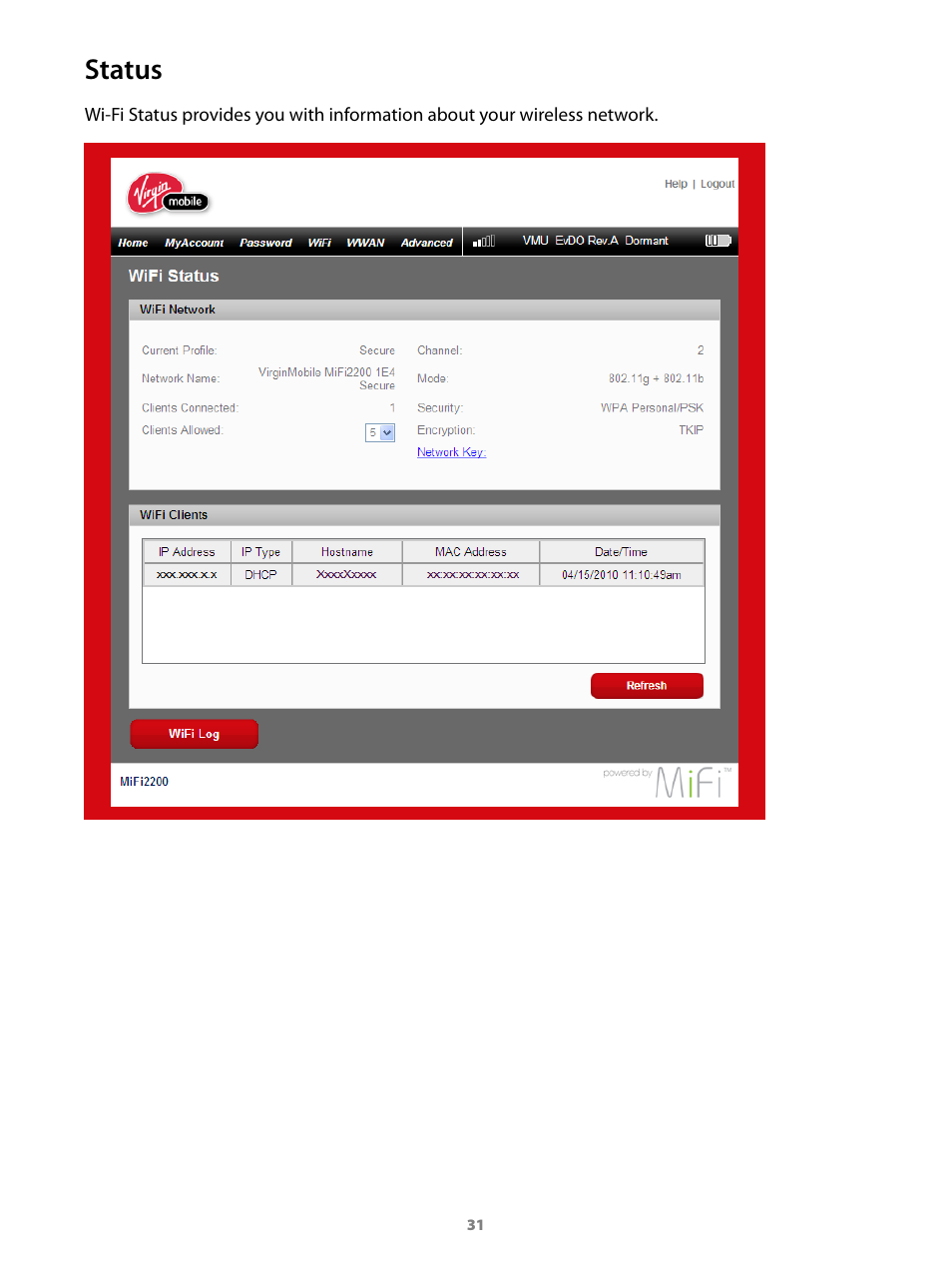 Status | Virgin Mobile MIFI 2200 User Manual | Page 32 / 78