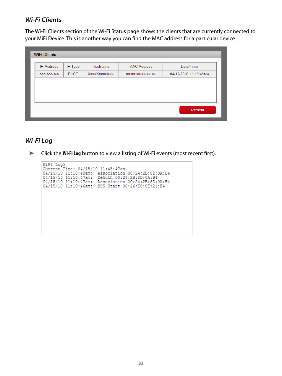 Wi-fi clients wi-fi log, Wi-fi clients | Virgin Mobile MIFI 2200 User Manual | Page 34 / 78