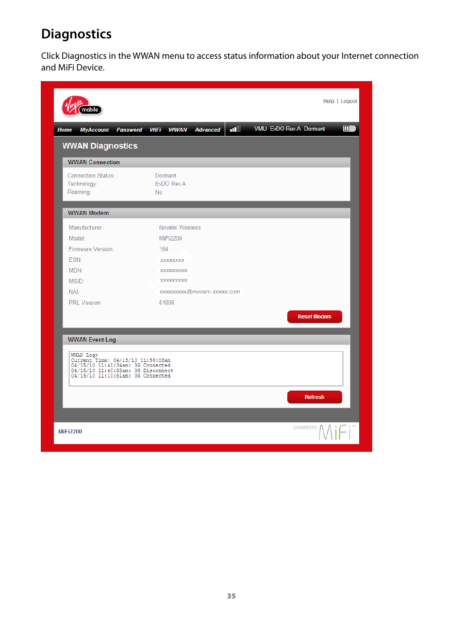Diagnostics | Virgin Mobile MIFI 2200 User Manual | Page 36 / 78