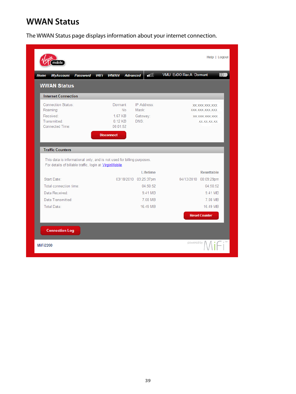 Wwan status | Virgin Mobile MIFI 2200 User Manual | Page 40 / 78