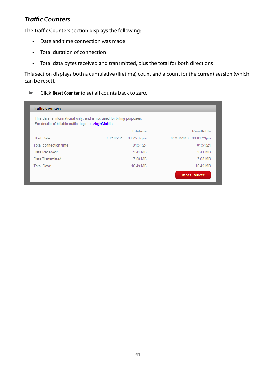 Traffic counters | Virgin Mobile MIFI 2200 User Manual | Page 42 / 78
