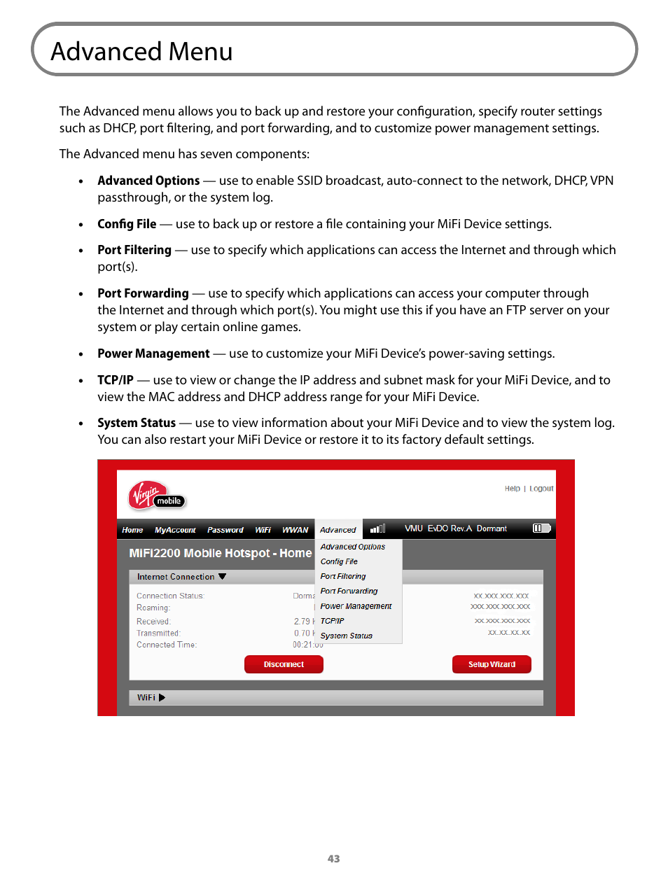 Advanced menu | Virgin Mobile MIFI 2200 User Manual | Page 44 / 78
