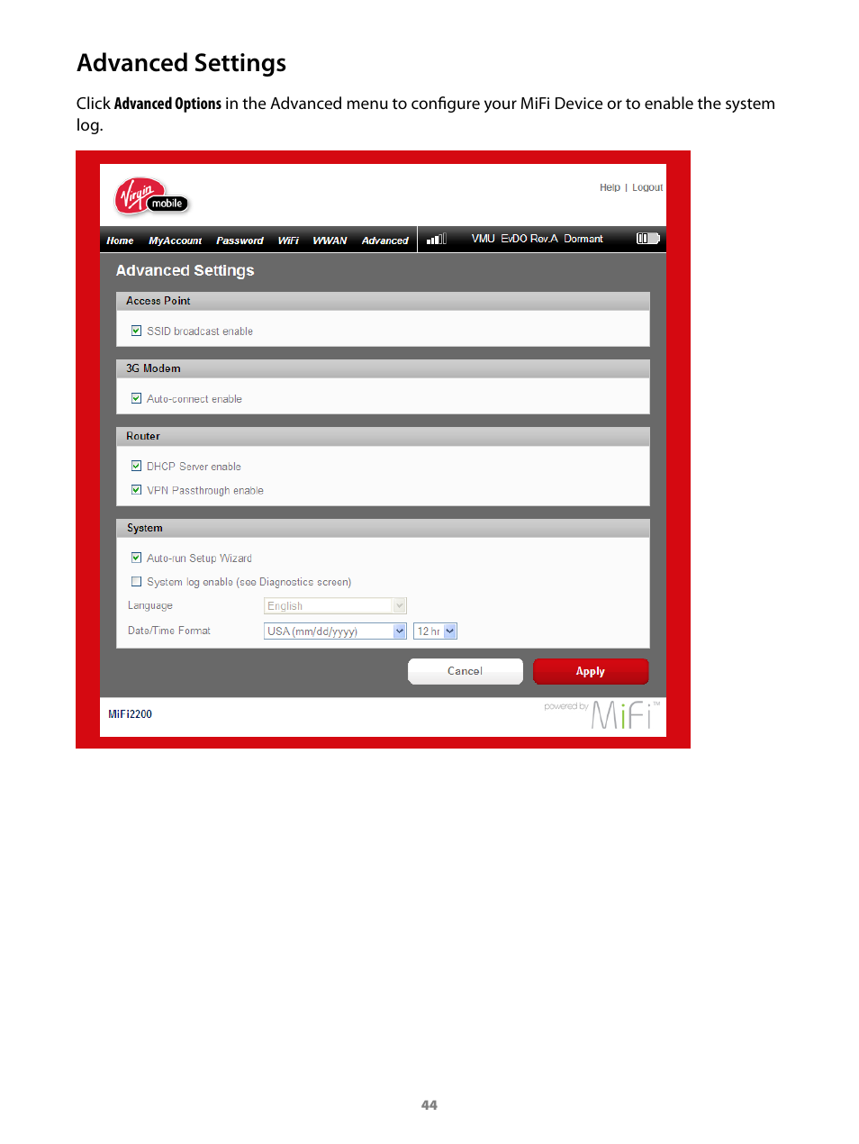 Advanced settings | Virgin Mobile MIFI 2200 User Manual | Page 45 / 78