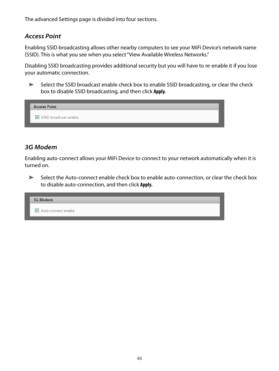 Access point 3g modem | Virgin Mobile MIFI 2200 User Manual | Page 46 / 78