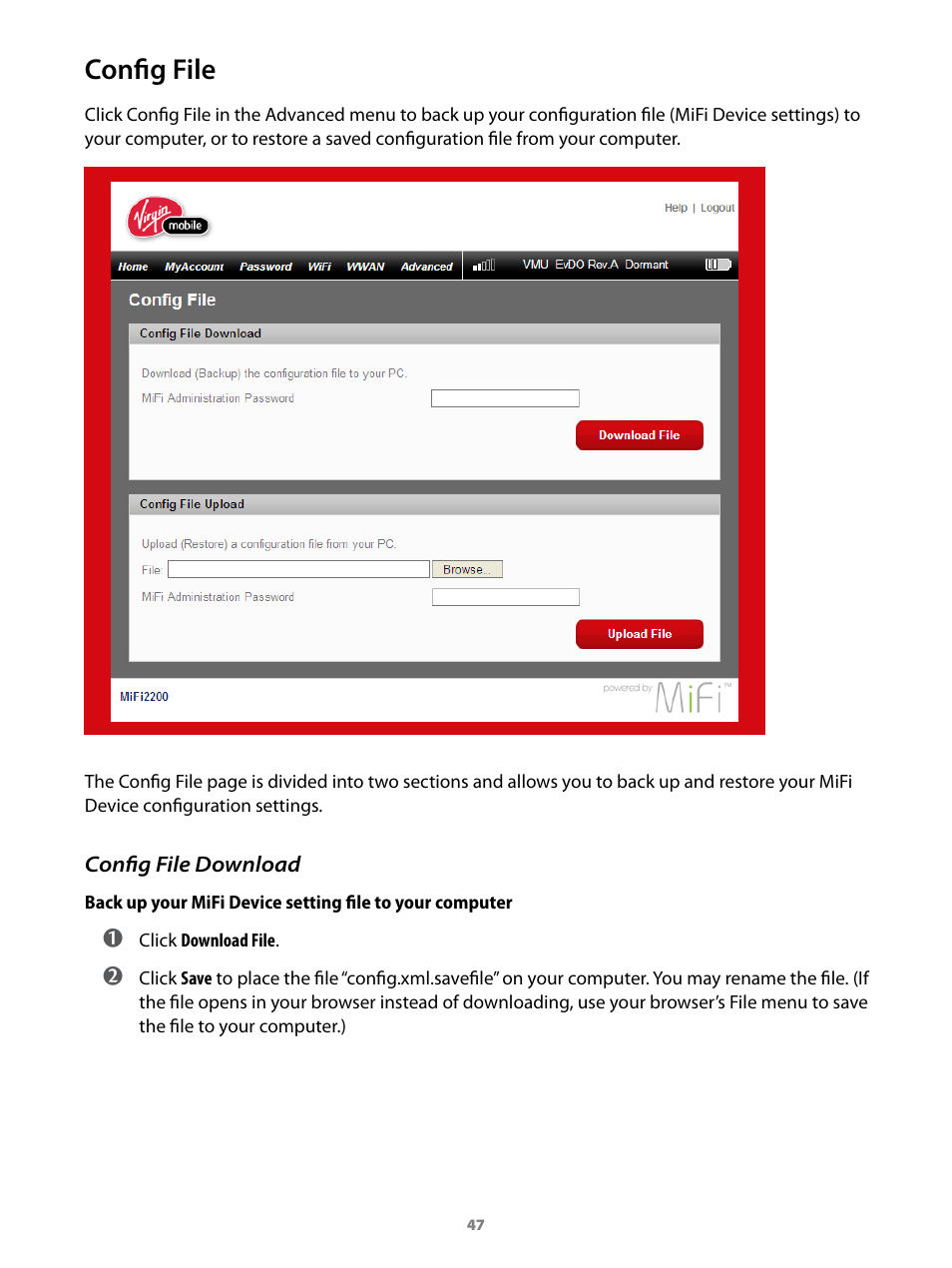 Config file, Config file download | Virgin Mobile MIFI 2200 User Manual | Page 48 / 78